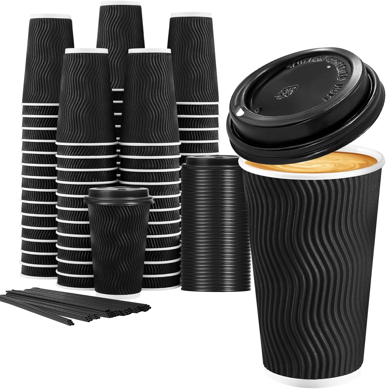 16 oz Disposable Coffee Cups with Lids, 50 Pack Insulated Hot Cups To Go Paper Coffee Cups with Lids and Straws, Corrugated Ripple Wall Cup for Hot Drink, Office, Coffee Bar (Black)